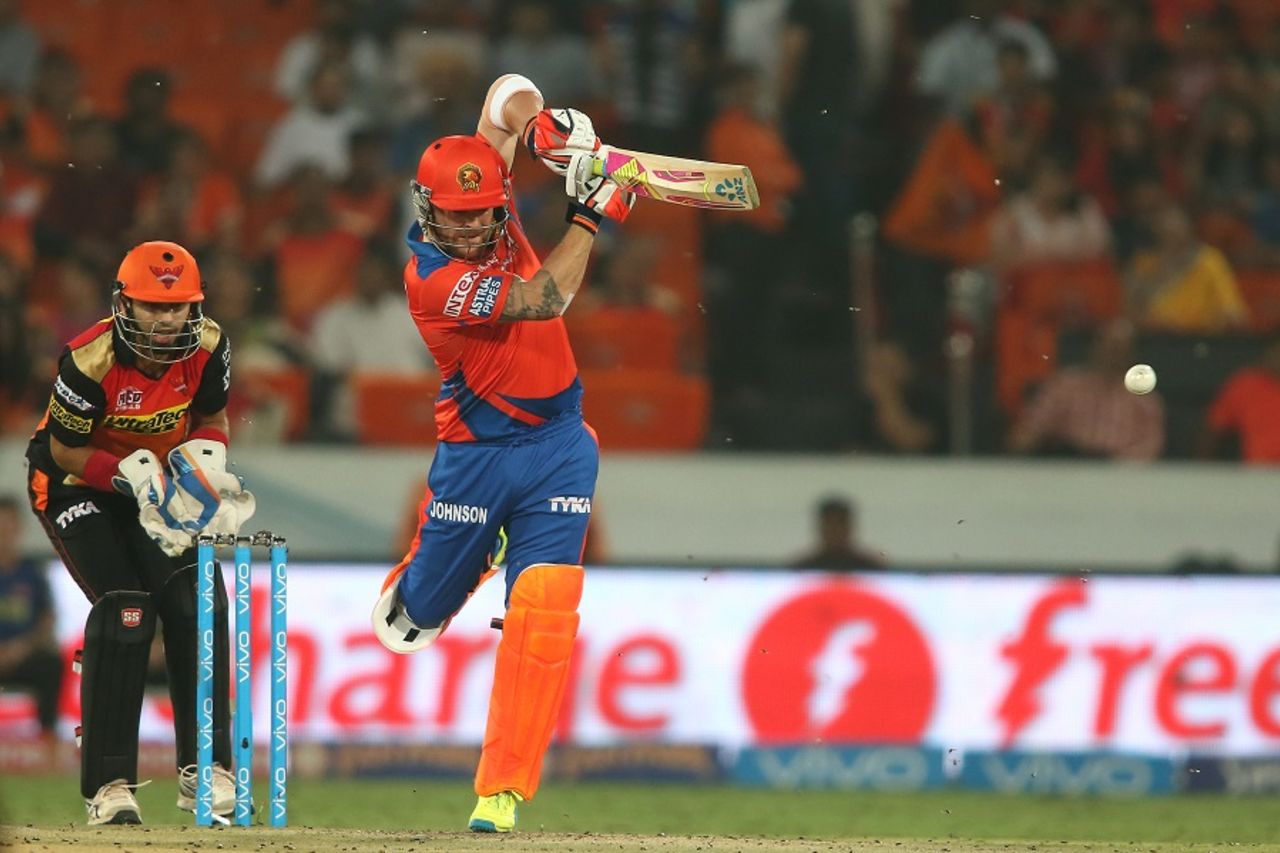 Brendon McCullum fends one awkwardly to the on side, Sunrisers Hyderabad v Gujarat Lions, IPL 2016, Hyderabad, May 6, 2016