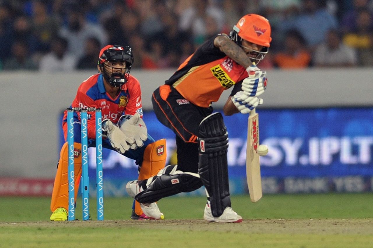 Shikhar Dhawan plays cautiously on the front foot, Sunrisers Hyderabad v Gujarat Lions, IPL 2016, Hyderabad, May 6, 2016