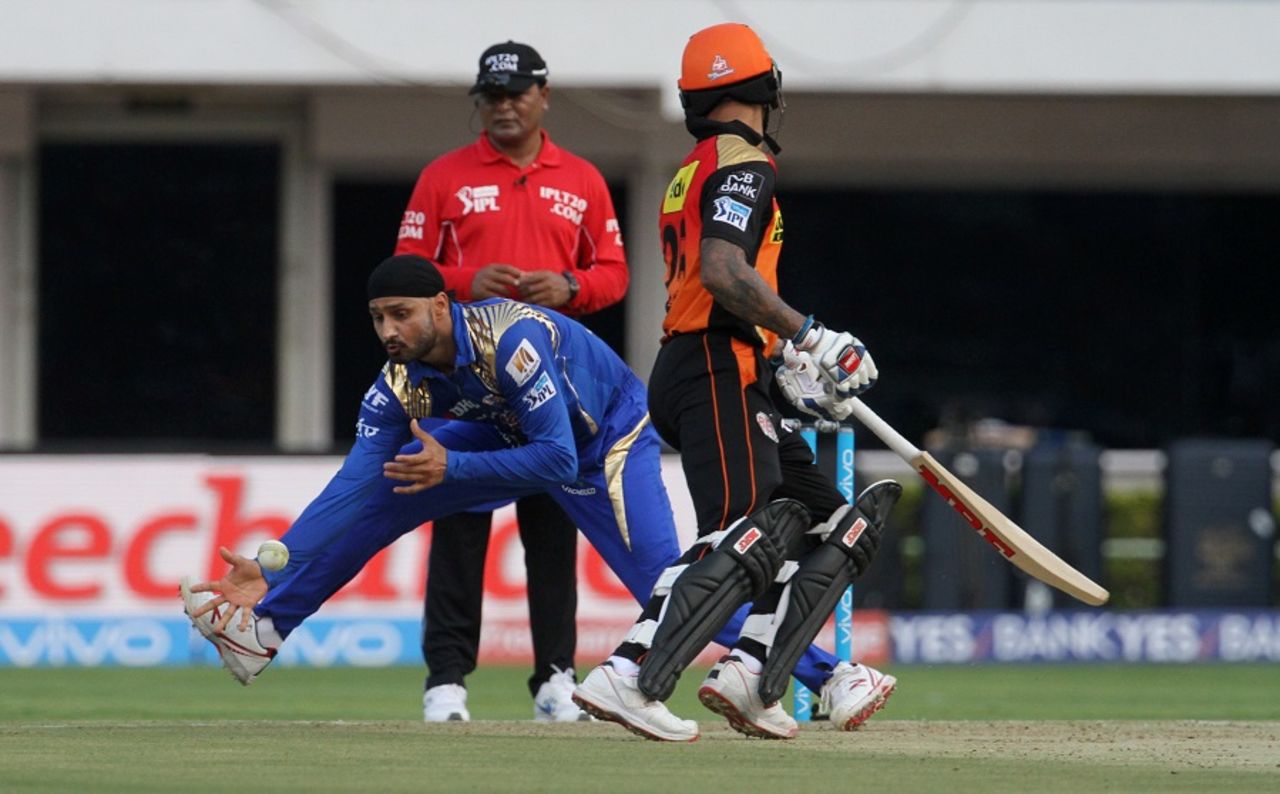 Harbhajan Singh fields off his own bowling, Mumbai Indians v Sunrisers Hyderabad, IPL 2016, Visakhapatnam, May 8, 2016