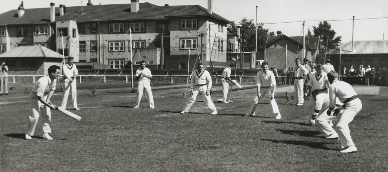 Australian players train in the nets, Albert Cricket Ground, Melbourne, January 2, 1959