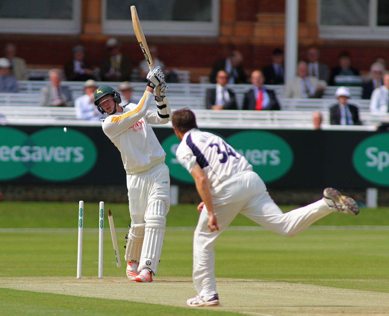 Jake Ball lost his middle stump against Tim Murtagh, Middlesex v Nottinghamshire, County Championship, Division One, Lord's, 2nd day, May 9, 2016