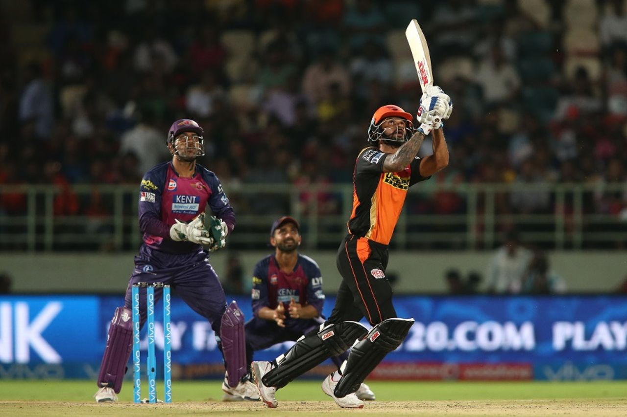 Shikhar Dhawan miscues a lofted hit, Rising Pune Supergiants v Sunrisers Hyderabad, IPL 2016, Visakhapatnam, May 10, 2016