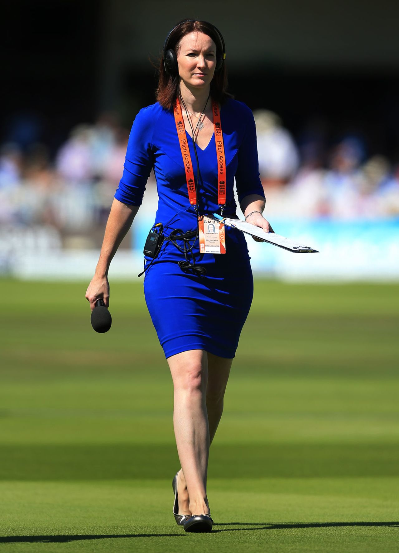 BBC Test Match Special commentator Alison Mitchell walks across the ground, England v Australia, second Test, day three, Lord's, July 18, 2015