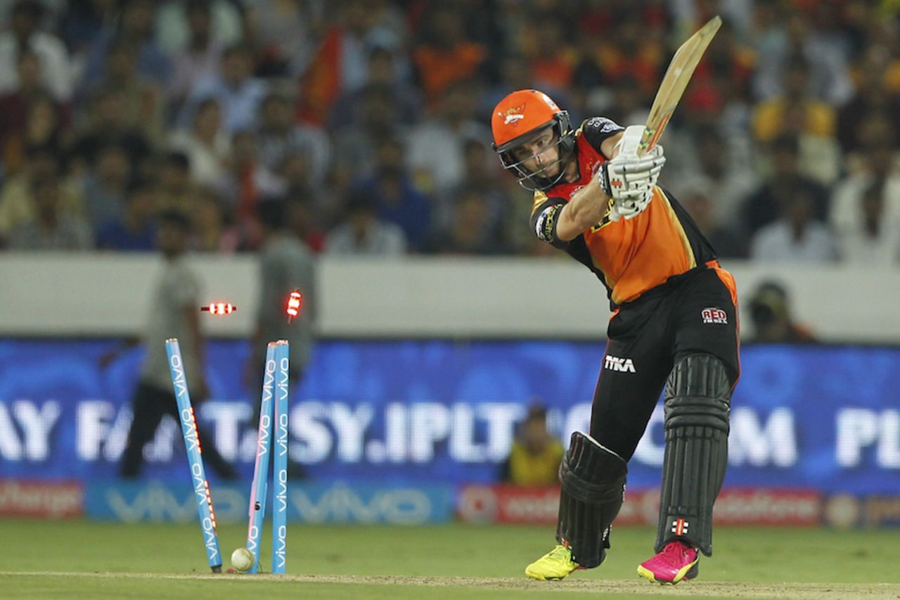 Kane Williamson could not stop a yorker from Chris Morris, Sunrisers Hyderabad v Delhi Daredevils, IPL 2016, Hyderabad, May 12, 2016