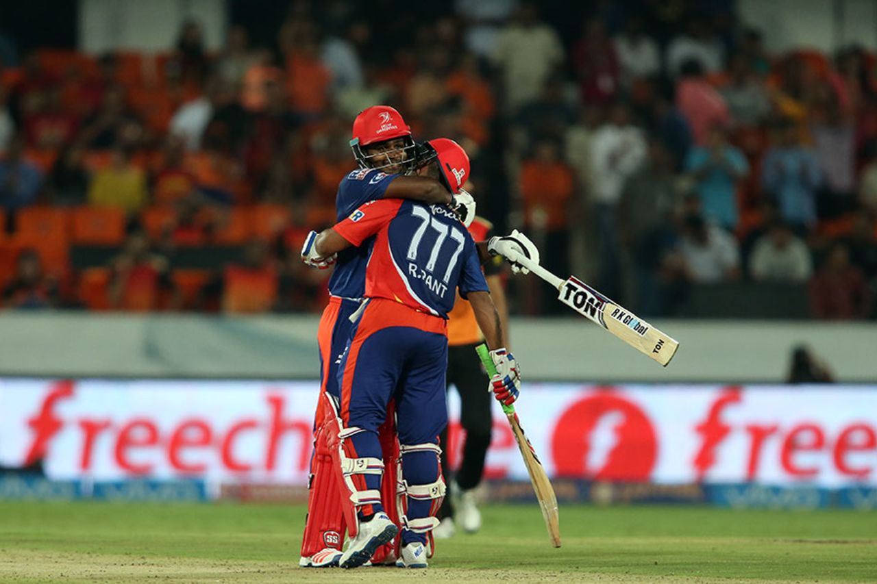 Sanju Samson and Rishabh Pant embrace after guiding their side to a seven-wicket win, Sunrisers Hyderabad v Delhi Daredevils, IPL 2016, Hyderabad, May 12, 2016