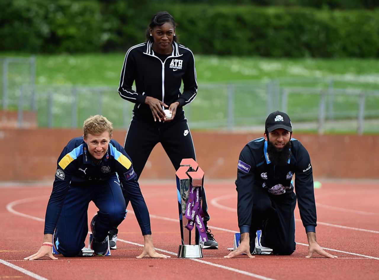 On your marks: Joe Root, Perri Shakes-Drayton and Moeen Ali at the launch of the NatWest T20 Blast, Loughborough, May 13, 2016