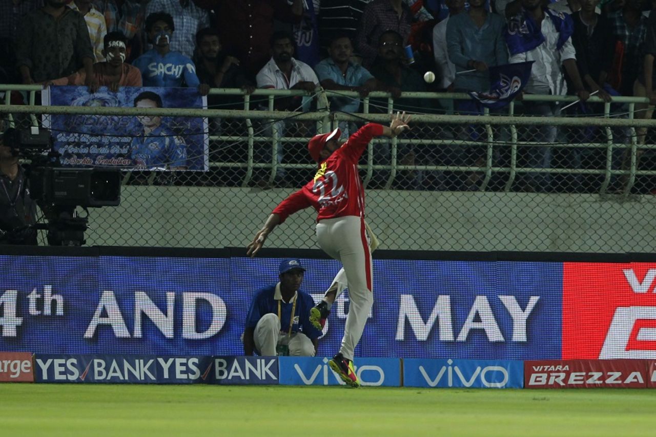 Gurkeerat Singh Mann took a superb catch near the boundary to send back Jos Buttler, Mumbai Indians v Kings XI Punjab, IPL 2016, Visakhapatnam, May 13, 2016
