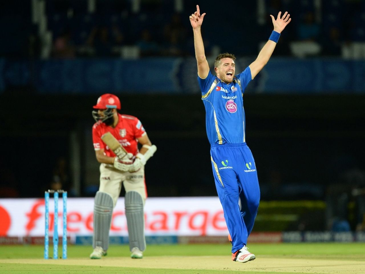 Tim Southee successfully appeals for the wicket of Hashim Amla after trapping him lbw, Mumbai Indians v Kings XI Punjab, IPL 2016, Visakhapatnam, May 13, 2016