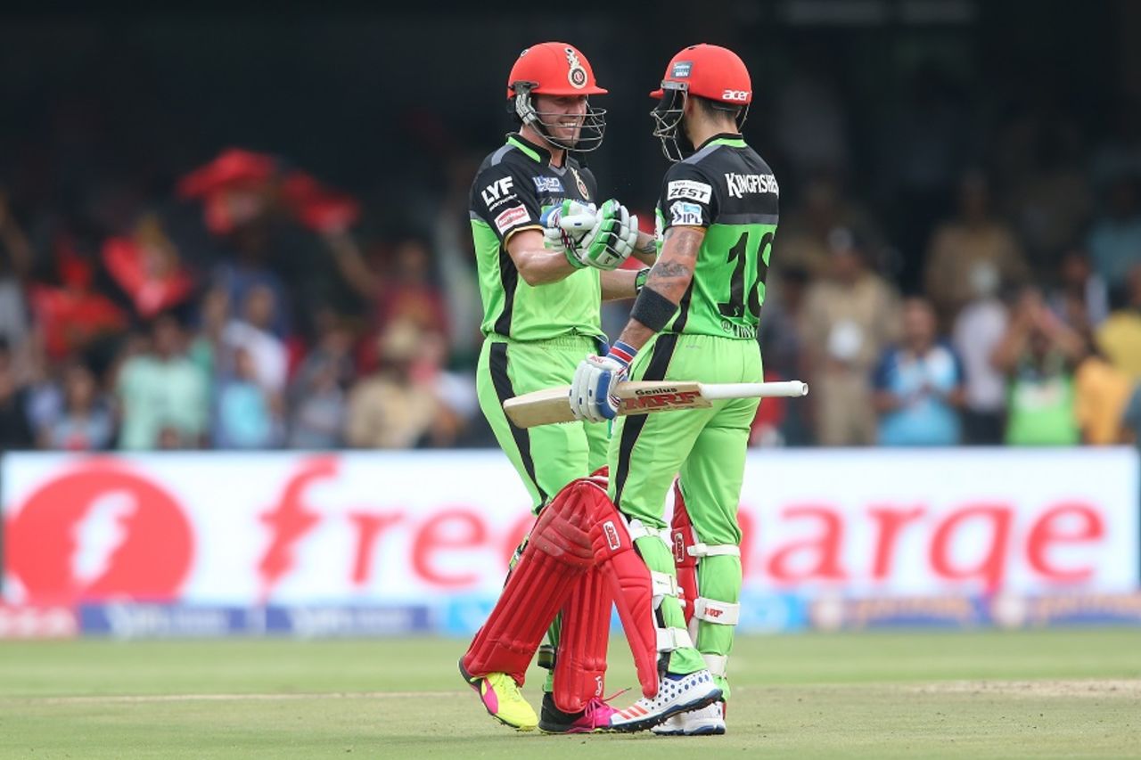 AB de Villiers and Virat Kohli added 229 for the second wicket in just 96 balls, Royal Challengers Bangalore v Gujarat Lions, IPL 2016, Bangalore, May 14, 2016