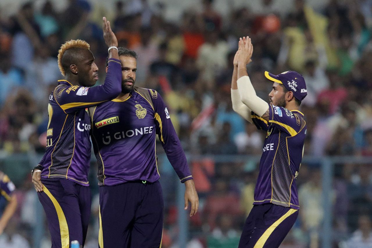 Andre Russell is congratulated after breaking the opening stand, Kolkata Knight Riders v Rising Pune Supergiants, IPL 2016, Kolkata, May 14, 2016