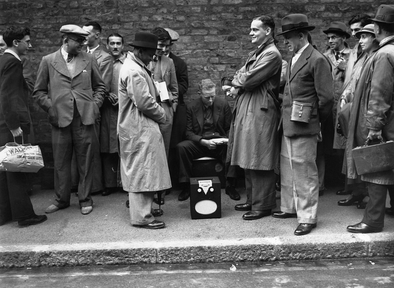 Fans listen to the match on the radio while waiting to enter the ground, England v Australia, 5th Test, 1st day, The Oval, August 20, 1938