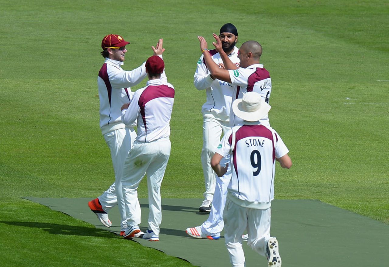 Alex Wakely celebrates running out Tom Latham, Northamptonshire v Kent, County Championship, Division Two, Wantage Road, 1st day, May 15, 2016