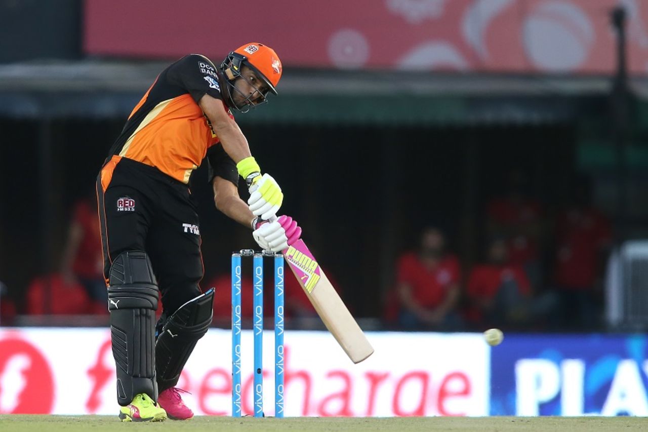 Yuvraj Singh prepares to launch one over the off side, Kings XI Punjab v Sunrisers Hyderabad, IPL 2016, Mohali, May 15, 2016