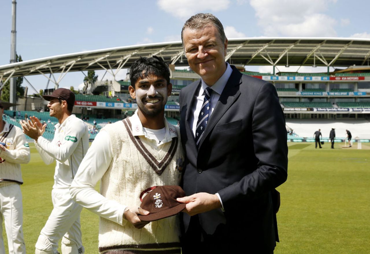 Arun Harinath receives his county cap from chairman Richard Thompson, Surrey v Middlesex, County Championship, Division One, The Oval, 1st day, May 15, 2016