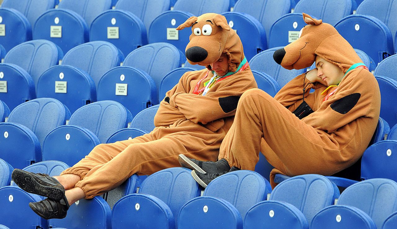 Two fans in Scooby Doo costumes catch a nap during the rain break, England v Australia, 1st Test, Cardiff, 3rd day, July 10, 2009