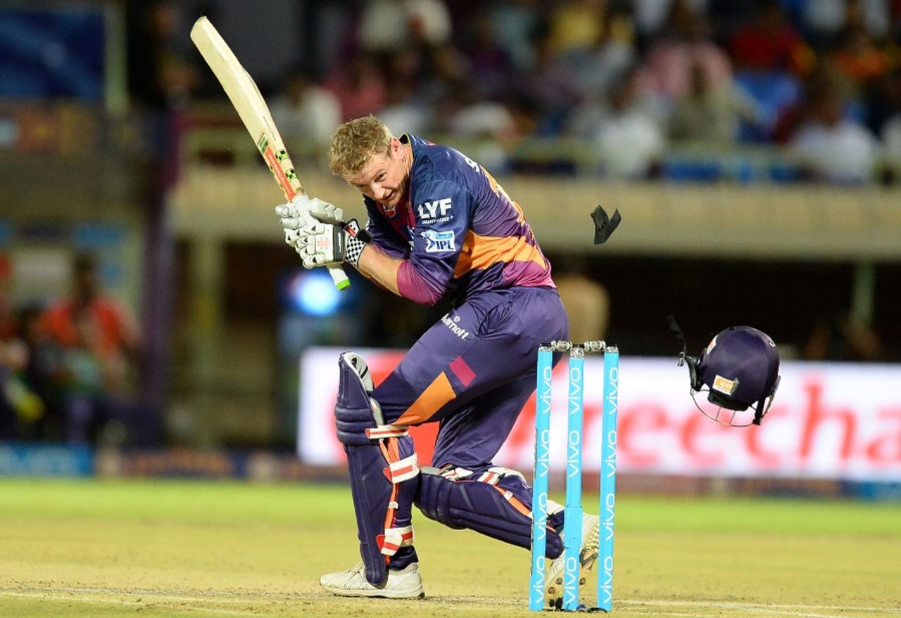 George Bailey loses his helmet after being struck by the ball, Rising Pune Supergiants v Delhi Daredevils, IPL 2016, Visakhapatnam, May 17, 2016