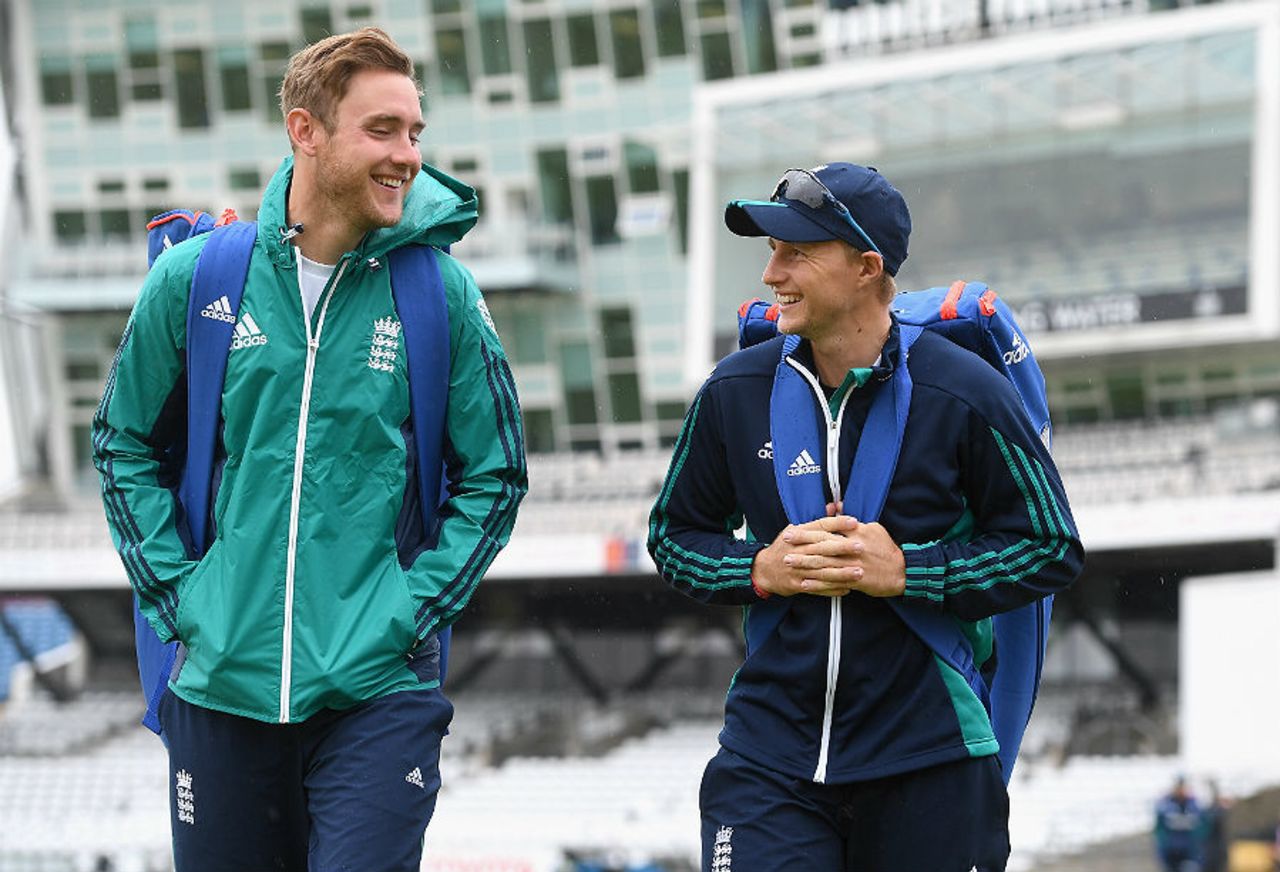Stuart Broad and Joe Root head for practice at a damp Headingley, England v Sri Lanka, first Test, Headingley, May 18, 2016