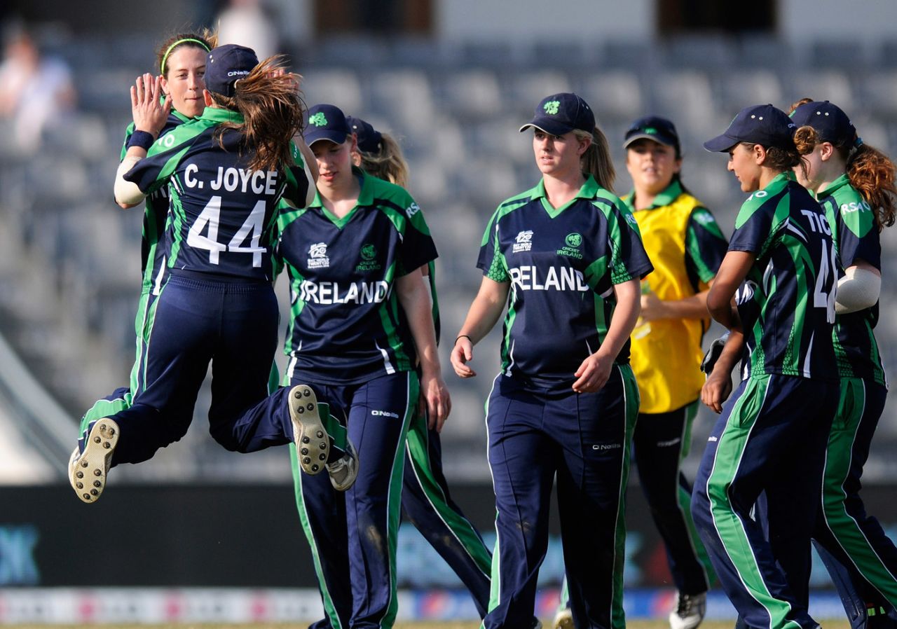Isobel and Cecelia Joyce celebrate a wicket, Ireland v South Africa, Women's World Twenty20 2014, Group A, Sylhet, March 29, 2014