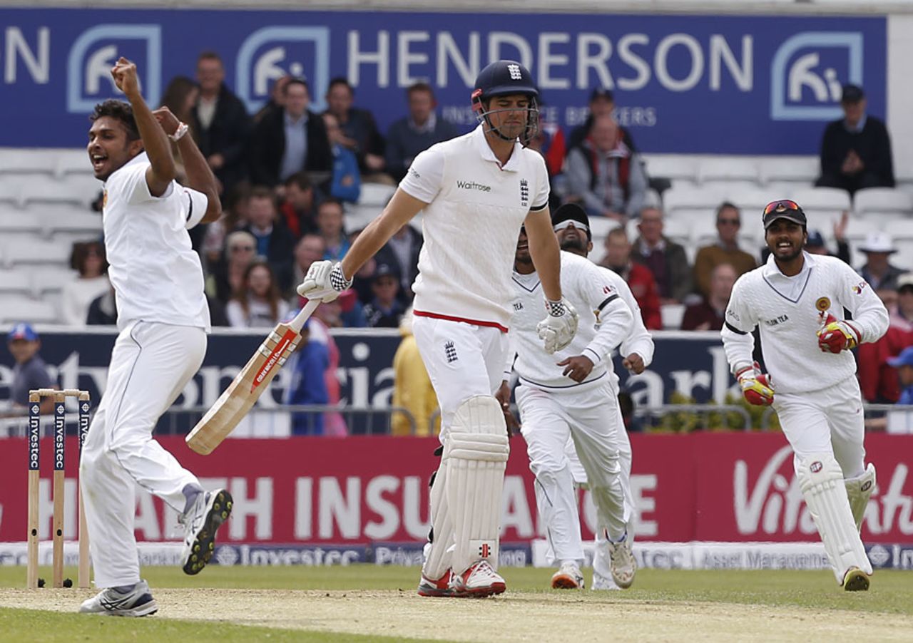 Dasun Shanaka claimed Alastair Cook as his first Test wicket, England v Sri Lanka, 1st Test, Headingley, 1st day, May 19, 2016