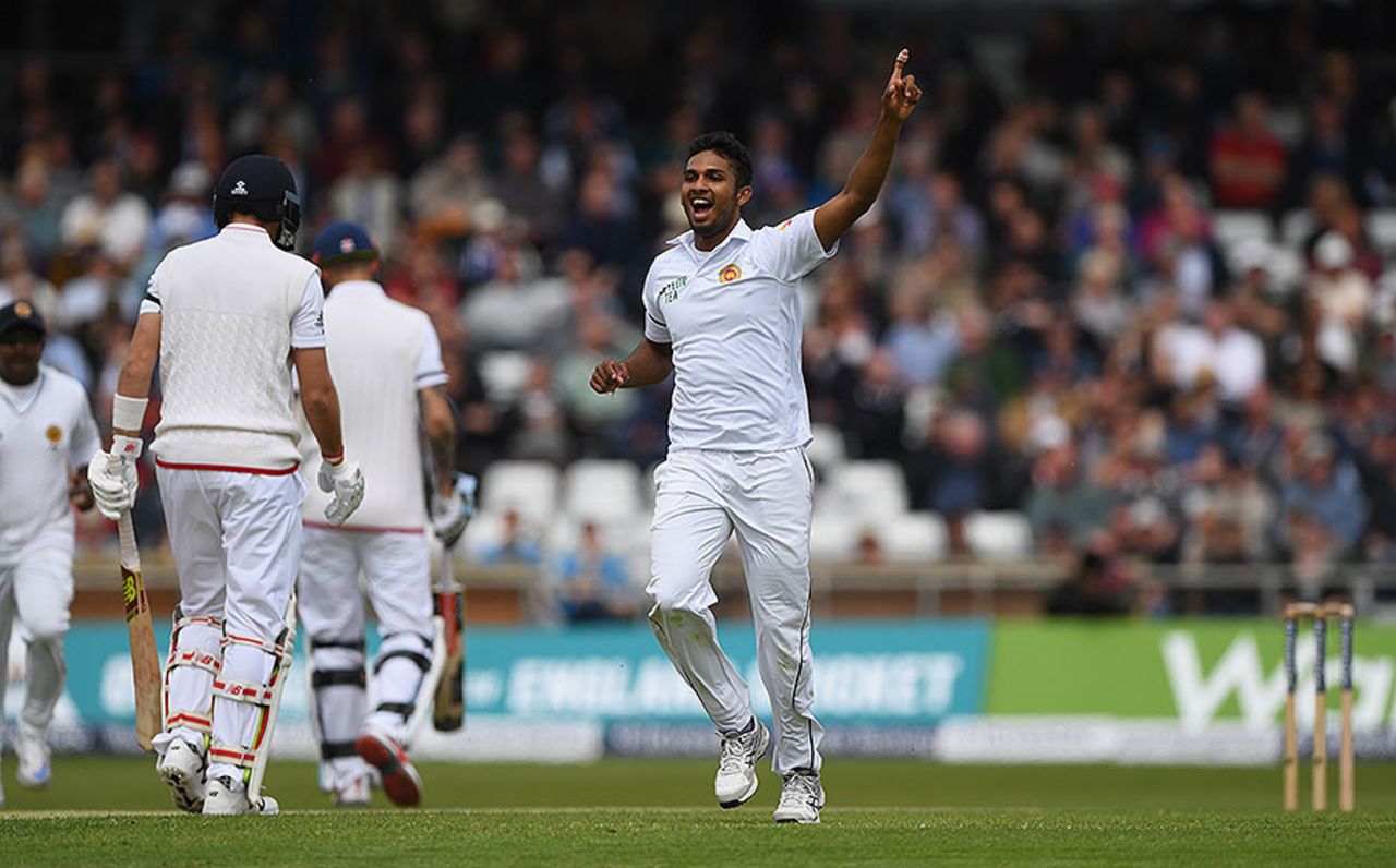 Dasun Shanaka celebrates the dismissal of Joe Root for 0, England v Sri Lanka, 1st Test, Headingley, 1st day, May 19, 2016