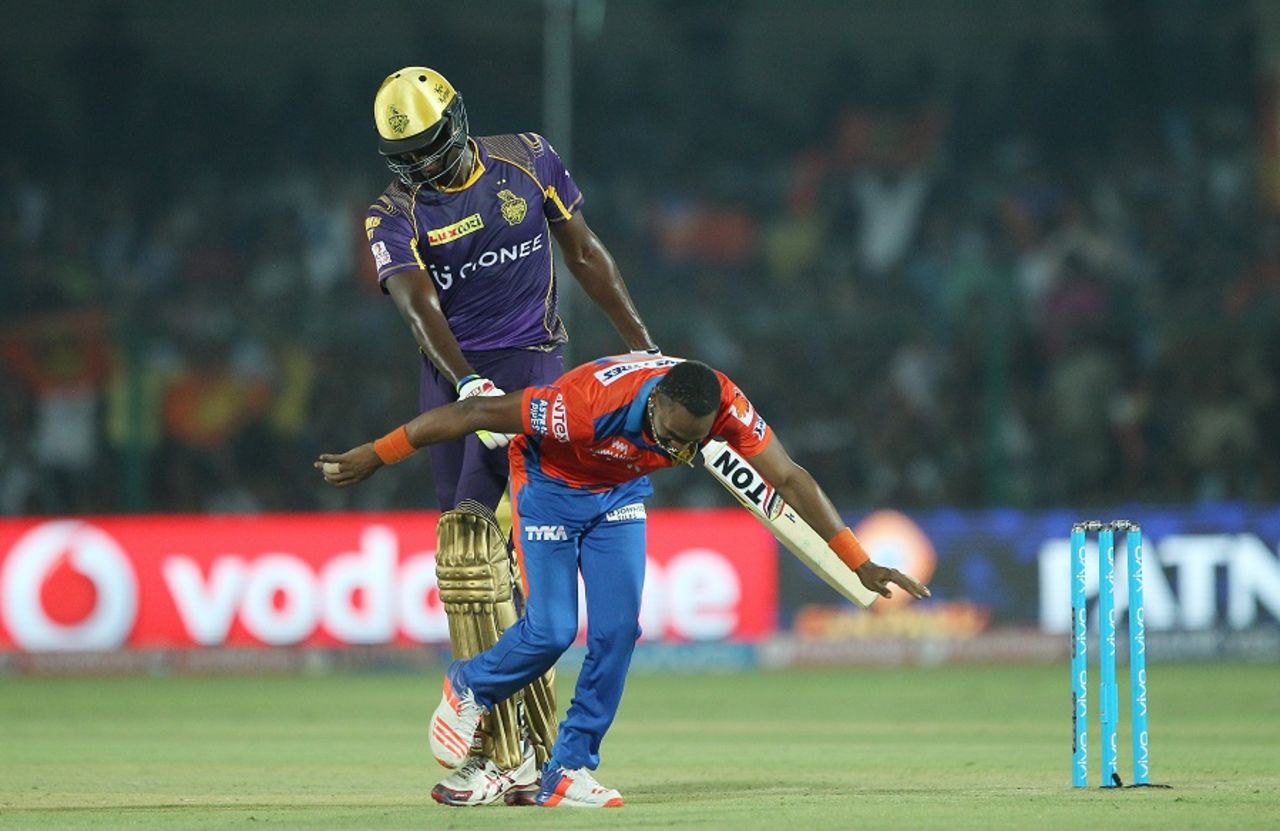 Jason Holder gently pushes Dwayne Bravo away after the bowler tries to get cheeky with him, Gujarat Lions v Kolkata Knight Riders, IPL 2016, Kanpur, May 19, 2016