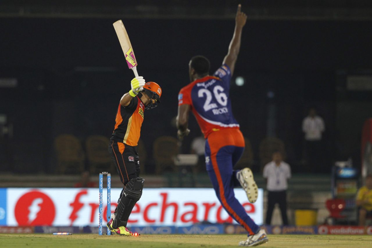 Yuvraj Singh plays onto his stumps off Carlos Brathwaite, Delhi Daredevils v Sunrisers Hyderabad, IPL 2016, Raipur, May 20, 2016