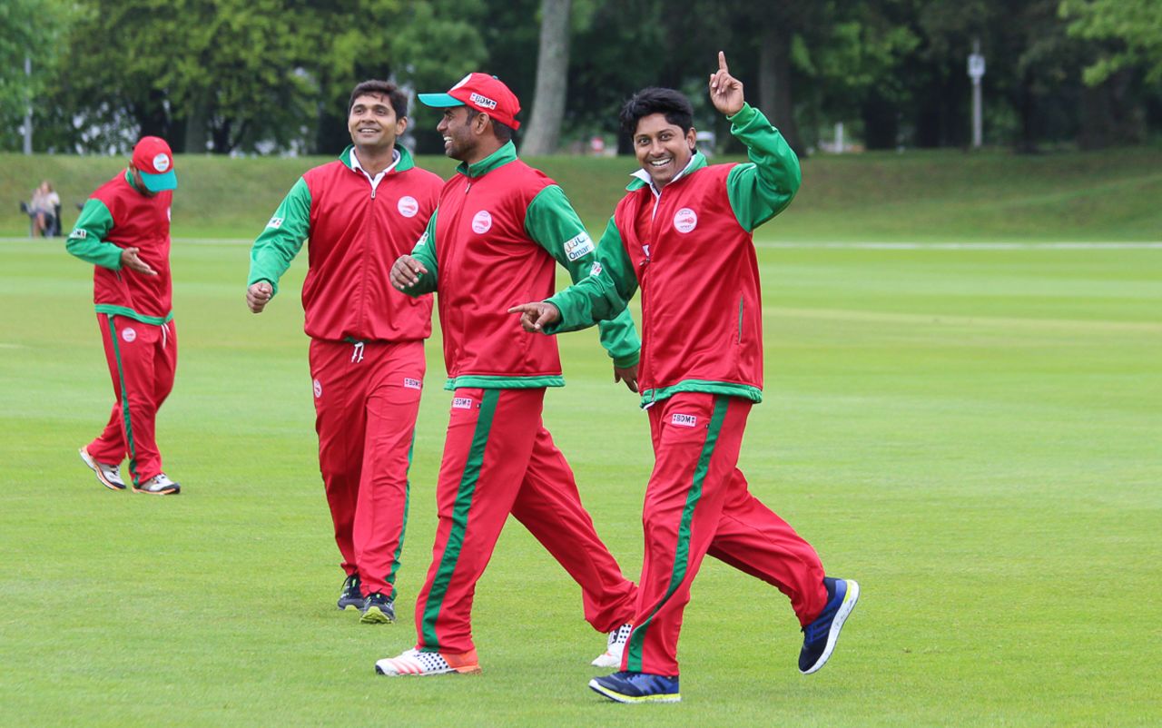 Noorul Riaz celebrates a goal during warm-ups, Jersey v Oman, ICC World Cricket League Division Five, St Saviour, May 21, 2016