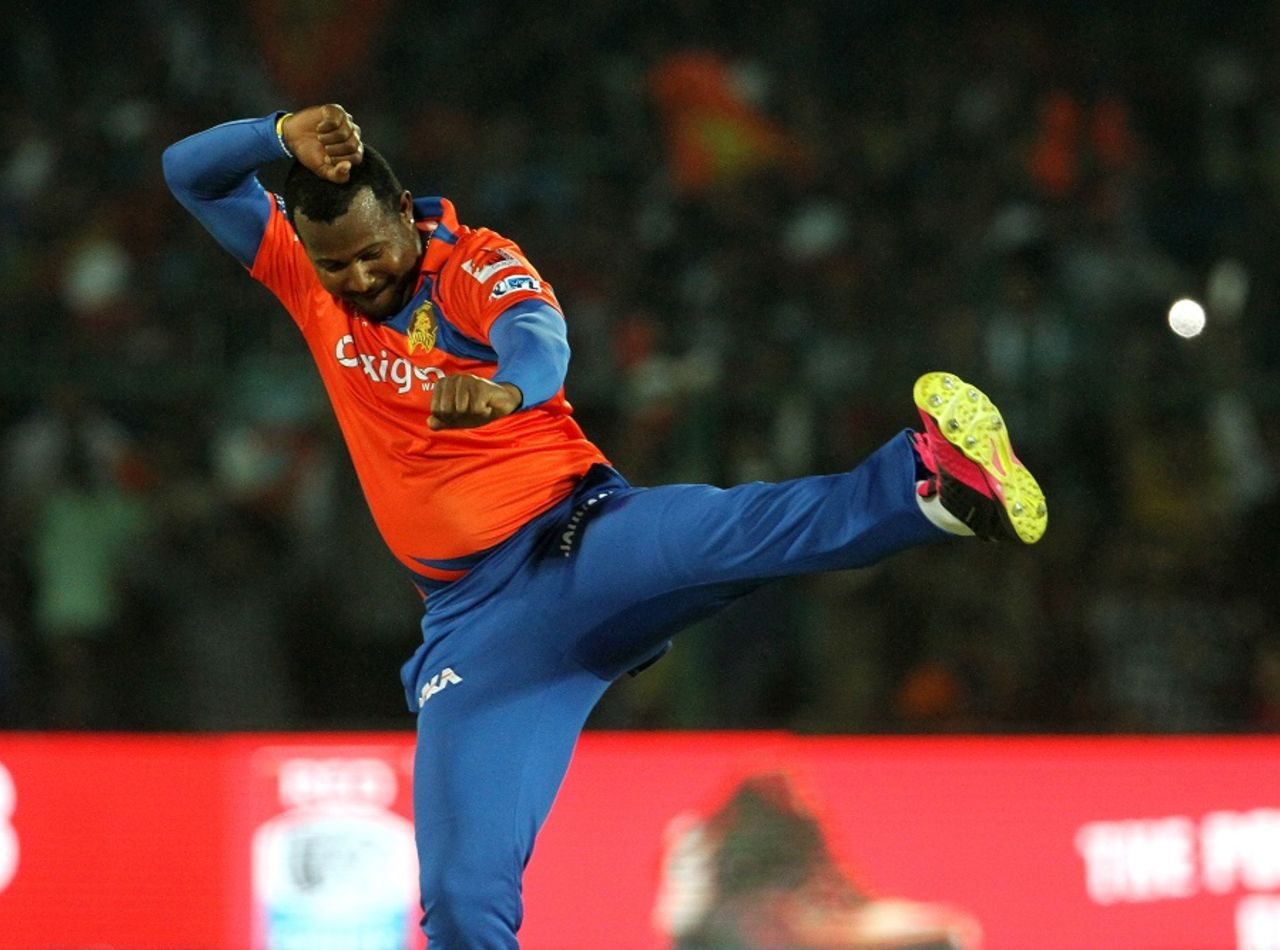 Dwayne Smith comes up with an unusual celebration after picking up a wicket, Gujarat Lions v Mumbai Indians, IPL 2016, Kanpur, May 21, 2016