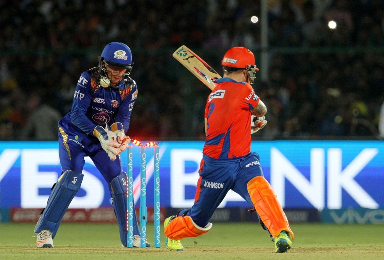 Brendon McCullum is cleaned up by Harbhajan Singh, Gujarat Lions v Mumbai Indians, IPL 2016, Kanpur, May 21, 2016
