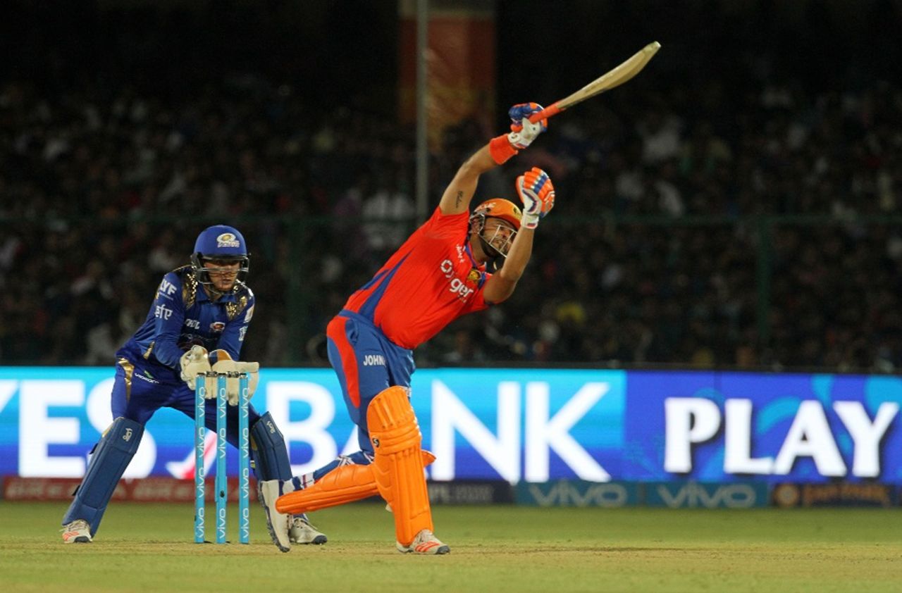 Suresh Raina awkwardly fends one off to the off side, Gujarat Lions v Mumbai Indians, IPL 2016, Kanpur, May 21, 2016