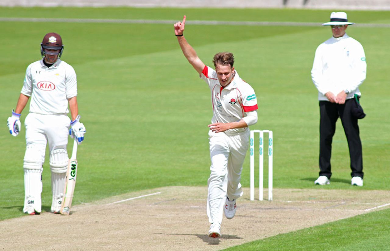 Kyle Jarvis struck four times in his first spell, Lancashire v Surrey, County Championship, Division One, Old Trafford, 1st day, May 22, 2016