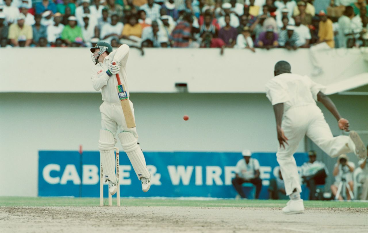 Steve Waugh tries to defend himself against a bouncer, West Indies v Australia, 4th Test, Jamaica, April 1995