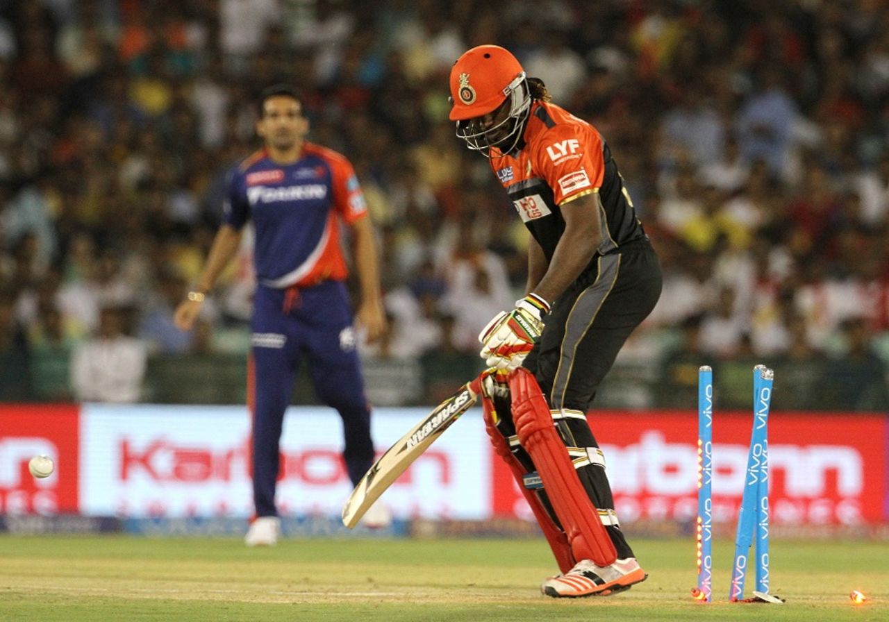 Chris Gayle is bowled after chopping one on to the stumps, Delhi Daredevils v Royal Challengers Bangalore, IPL 2016, Raipur, May 22, 2016