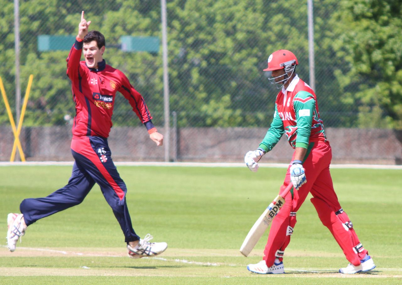 Anthony Hawkins-Kay celebrates the wicket of Khawar Ali, Jersey v Oman, ICC World Cricket League Division Five, St Saviour, May 23, 2016