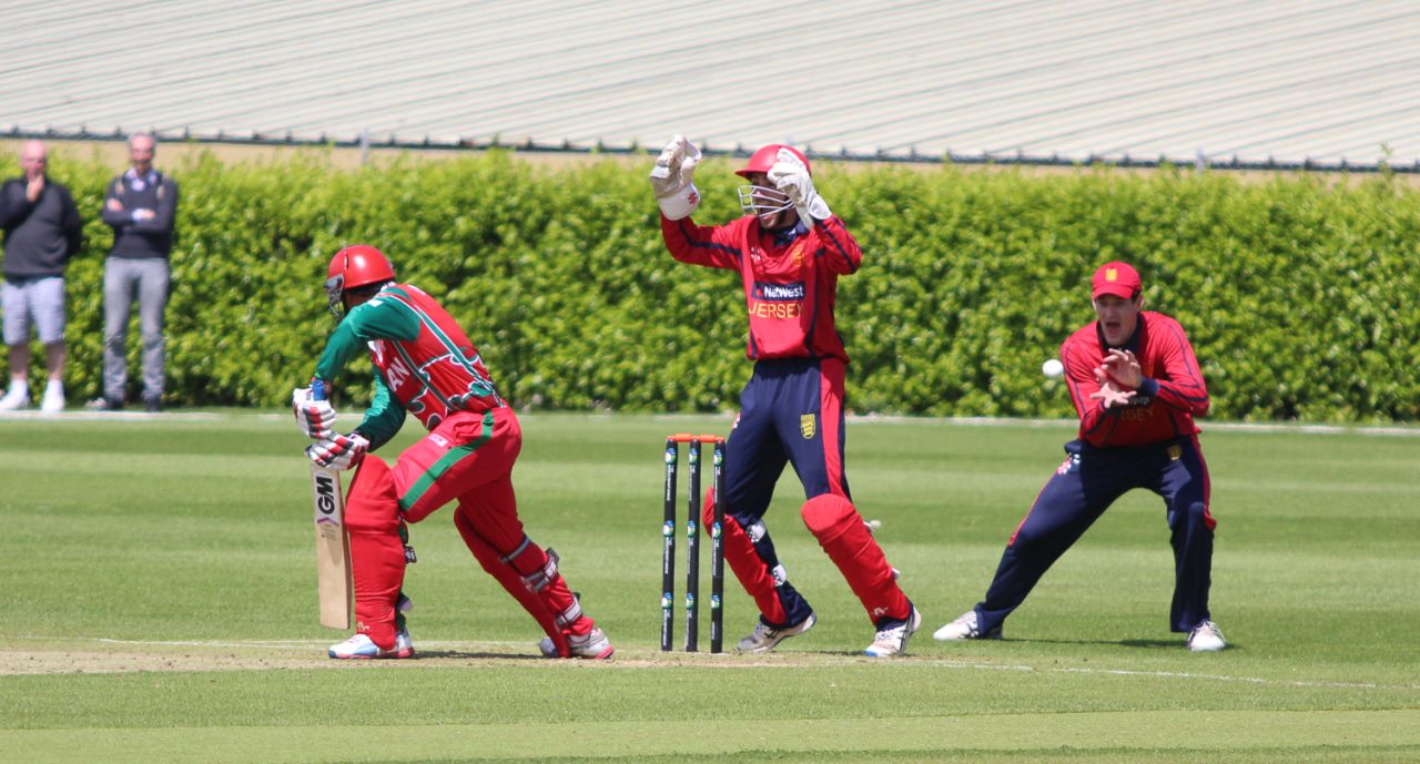 Anthony Hawkins-Kay takes the catch of Noorul Riaz at slip, Jersey v Oman, ICC World Cricket League Division Five, St Saviour, May 23, 2016