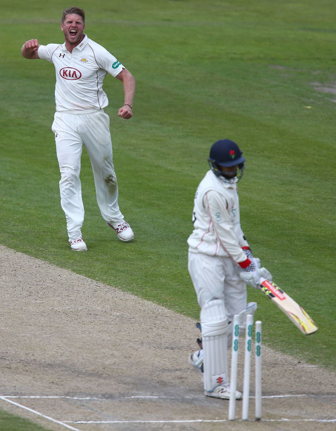 Haseeb Hameed played on against Stuart Meaker, Lancashire v Surrey, County Championship, Division One, Old Trafford, 2nd day, May 23, 3016
