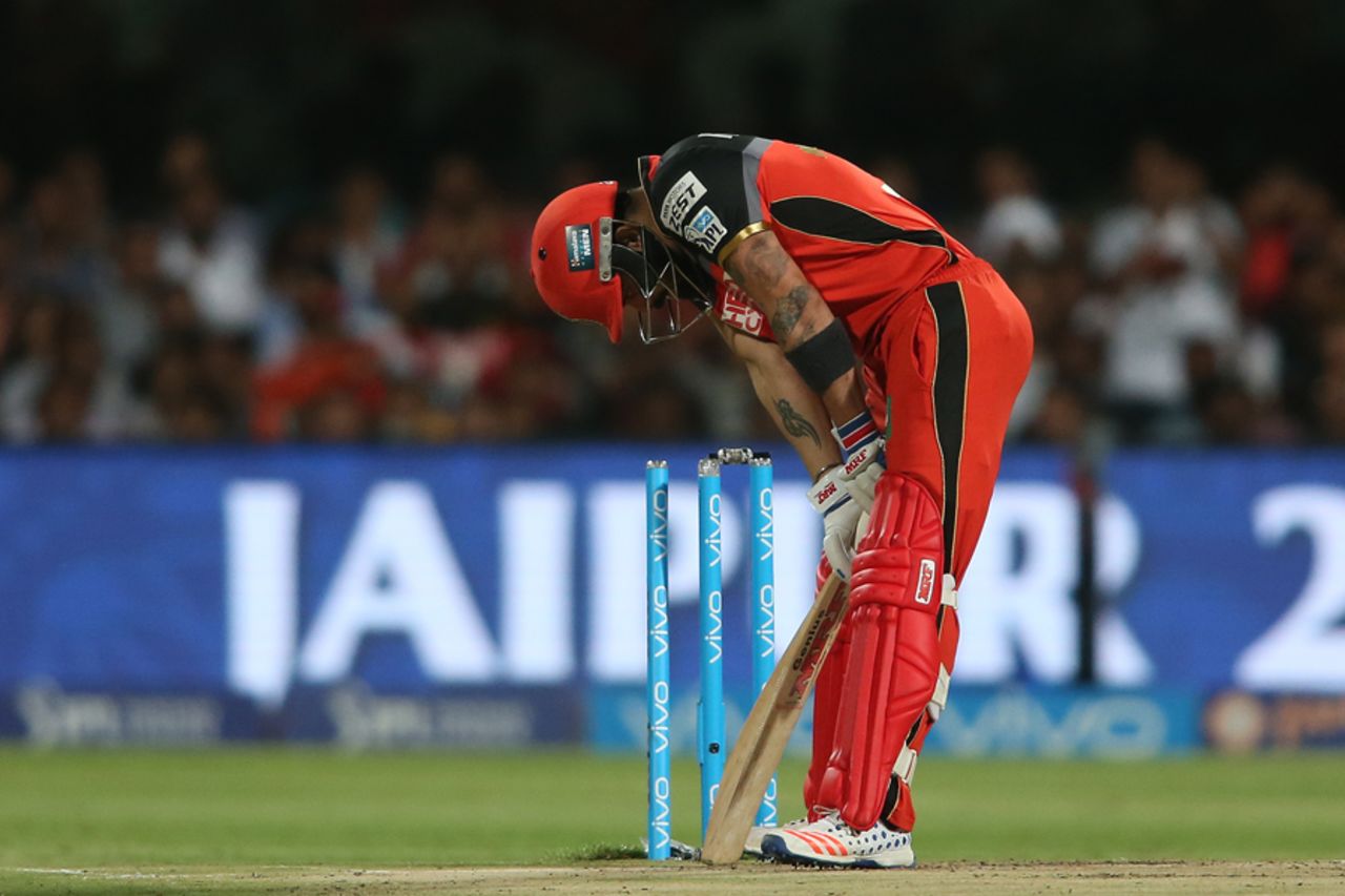 Virat Kohli is distraught after playing on for a duck, Gujarat Lions v Royal Challengers Bangalore, IPL 2016, Qualifier 1, Bangalore, May 24, 2016