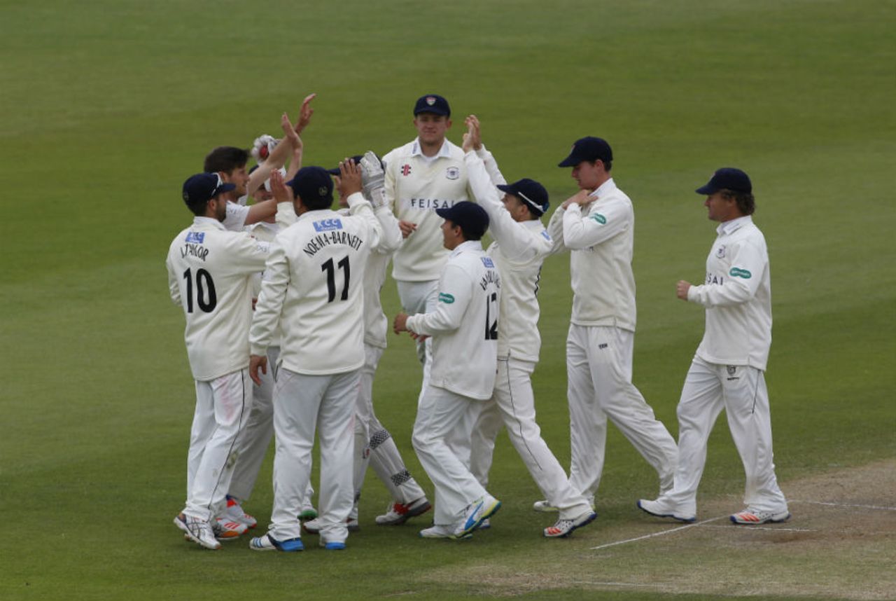 Gloucestershire's fielders celebrate the dismissal of Richard Levi, Gloucestershire v Northamptonshire, County Championship, Division Two, Bristol, May 25, 2016