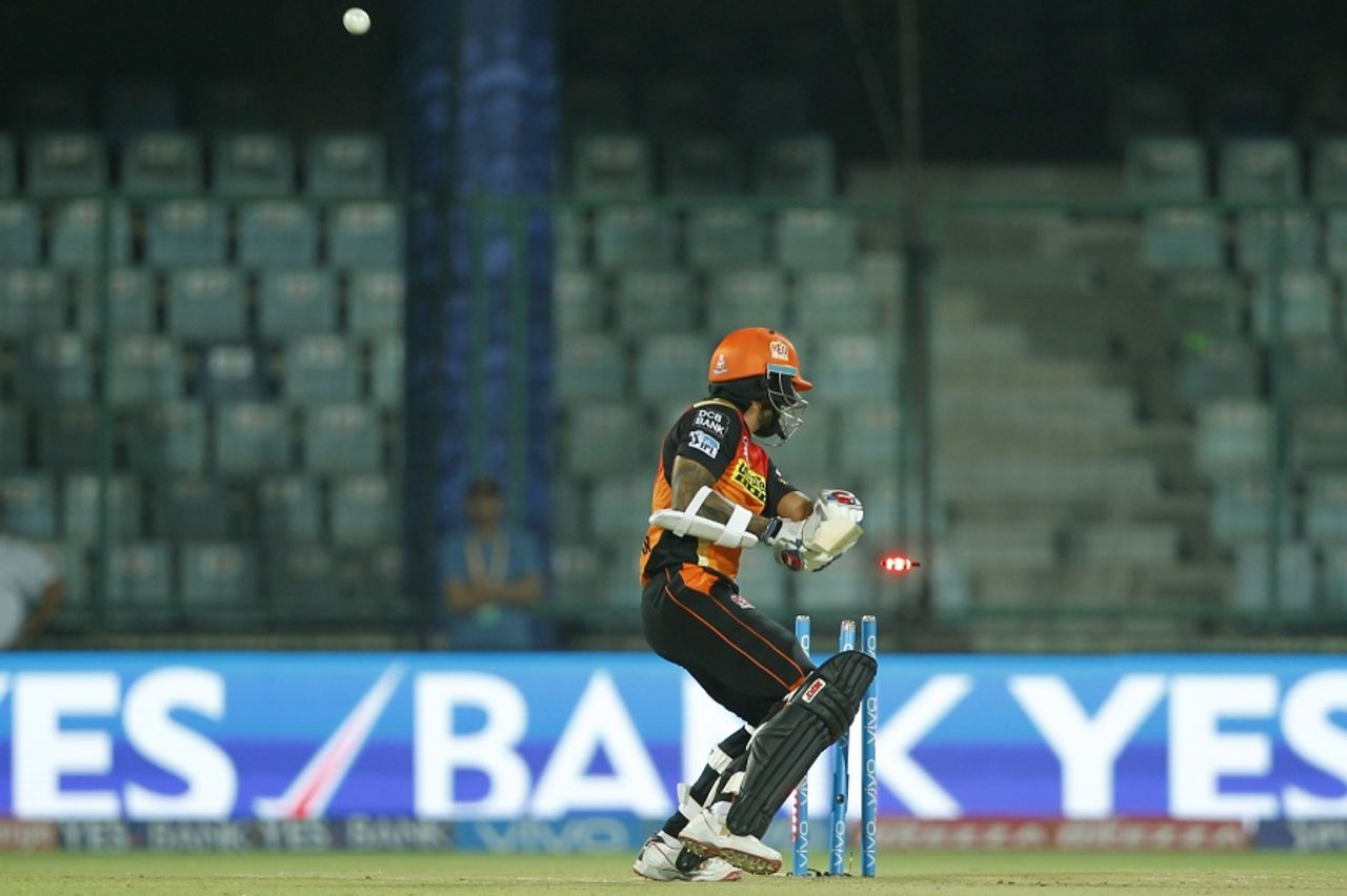 Shikhar Dhawan chops one on to the stumps, Sunrisers Hyderabad v Kolkata Knight Riders, IPL 2016, Delhi, May 25, 2016