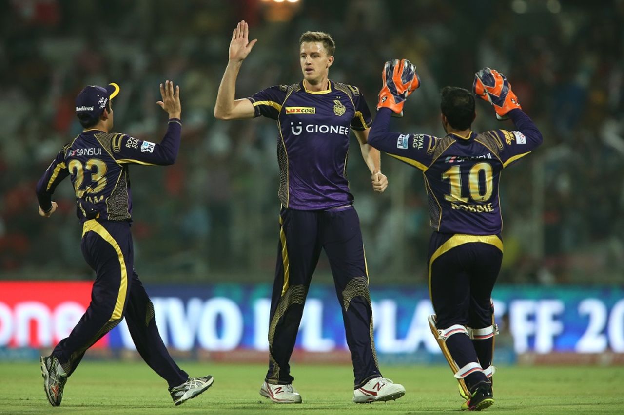 Morne Morkel celebrates one of his two wickets with team-mates, Sunrisers Hyderabad v Kolkata Knight Riders, IPL 2016, Delhi, May 25, 2016