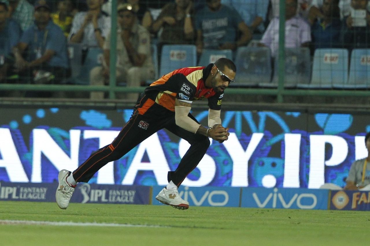 Shikhar Dhawan takes a catch of Suryakumar Yadav, Sunrisers Hyderabad v Kolkata Knight Riders, IPL 2016, Delhi, May 25, 2016