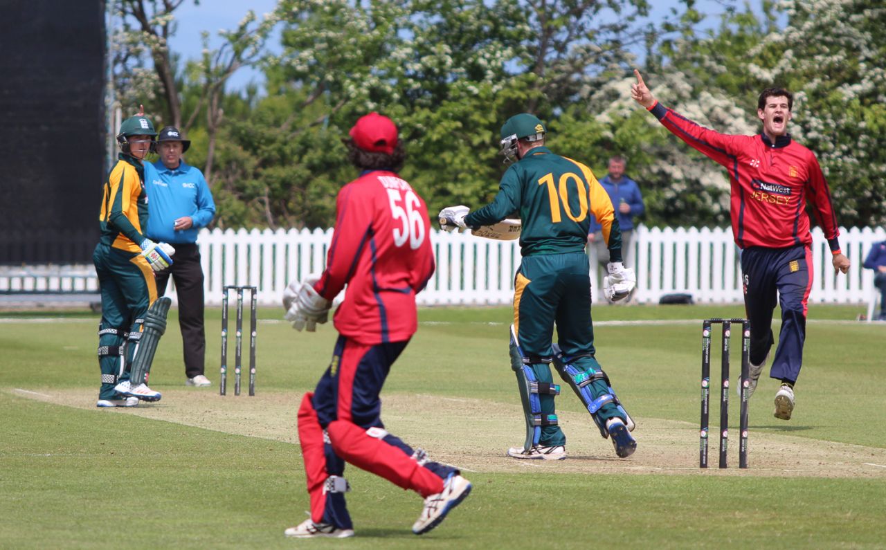 Anthony Hawkins-Kay celebrates the wicket of David Hooper, Jersey v Guernsey, ICC World Cricket League Division Five, St Martin, May 25, 2016