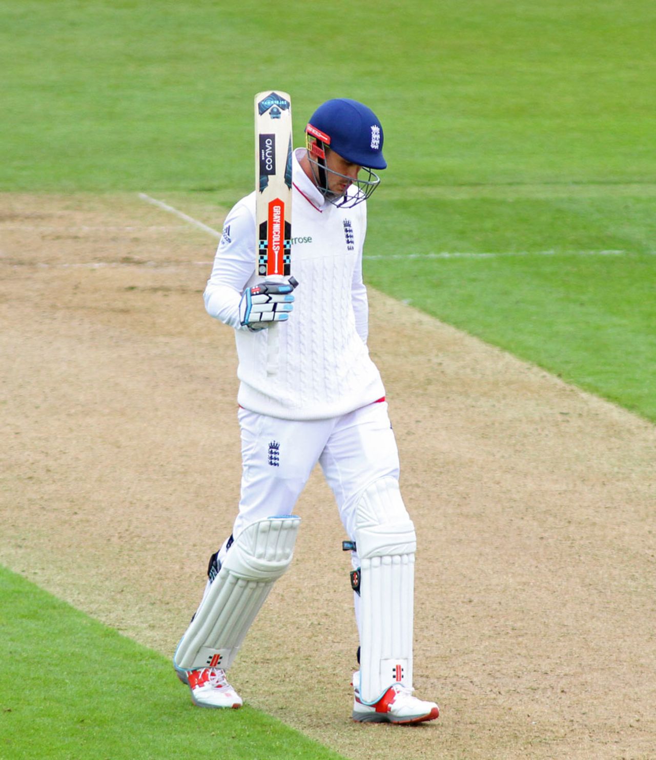 Alex Hales holds up his bat on reaching fifty, England v Sri Lanka, 2nd Test, Chester-le-Street, 1st day, May 27, 2016