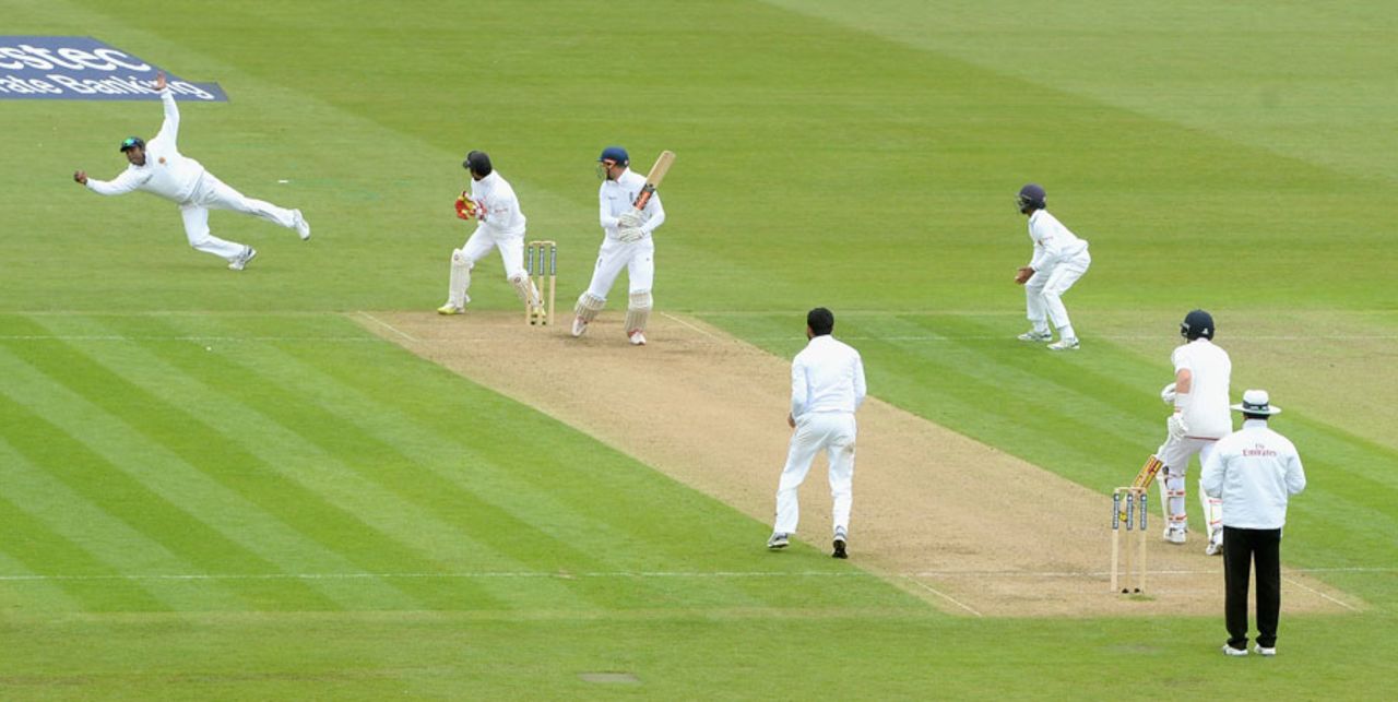 Angelo Mathews leapt to hold a sharp chance, England v Sri Lanka, 2nd Test, Chester-le-Street, 1st day, May 27, 2016