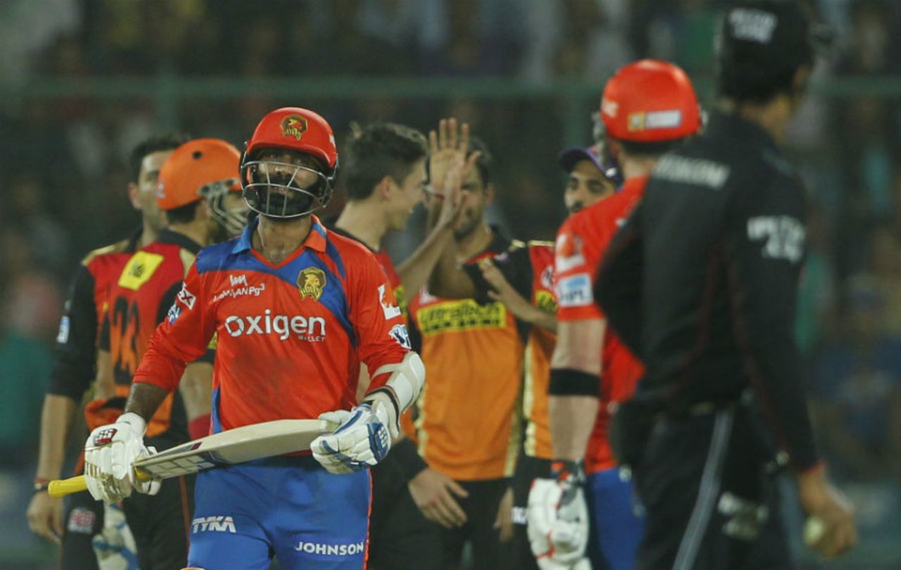 Dinesh Karthik walks back to the dugout after being run-out, Sunrisers Hyderabad v Gujarat Lions, IPL 2016, Delhi, May 27, 2016