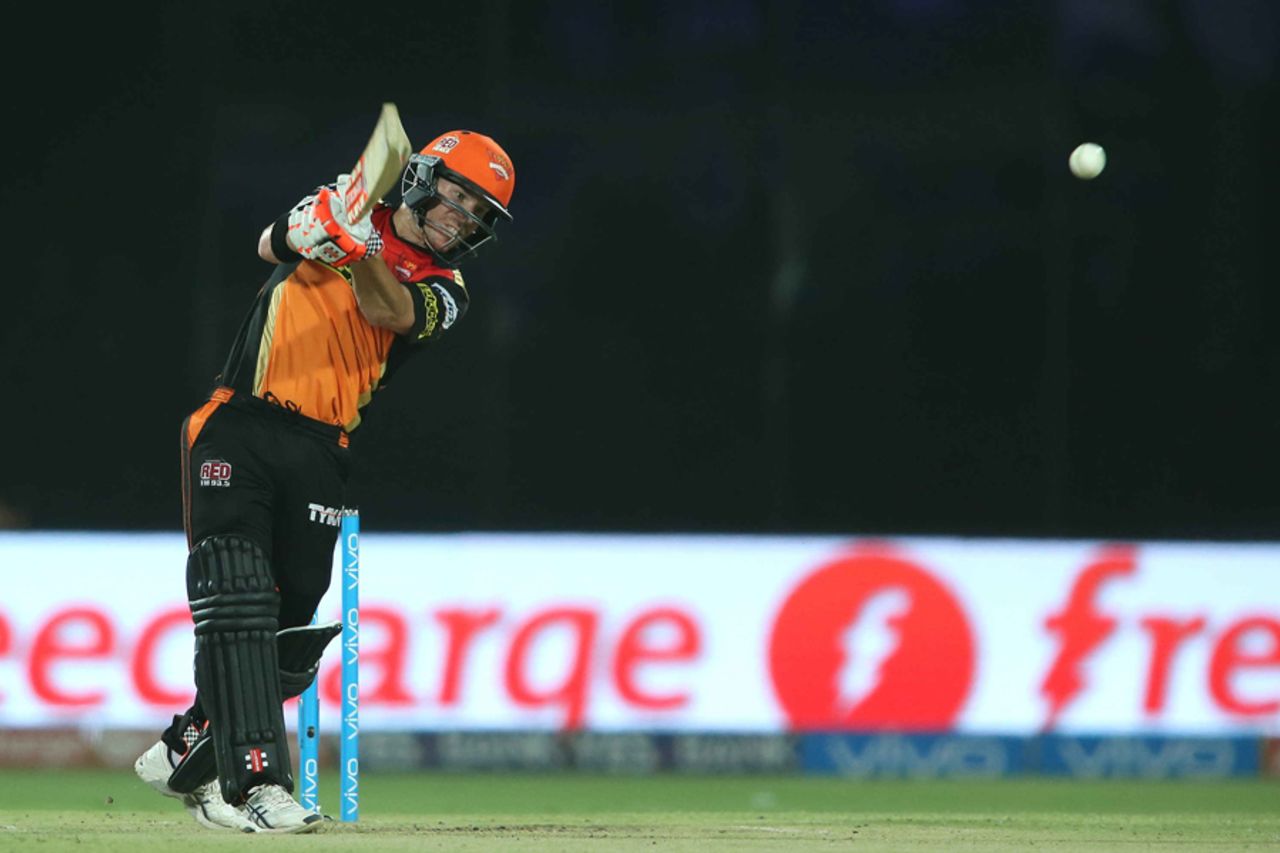 David Warner drills one down the ground, Sunrisers Hyderabad v Gujarat Lions, IPL 2016, Delhi, May 27, 2016