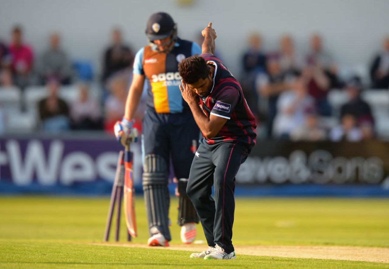 Seekkuge Prasanna bows after picking up the first of his two wickets, Northamptonshire v Derbyshire, NatWest T20 Blast, North Group, Wantage Road, May 27, 2016