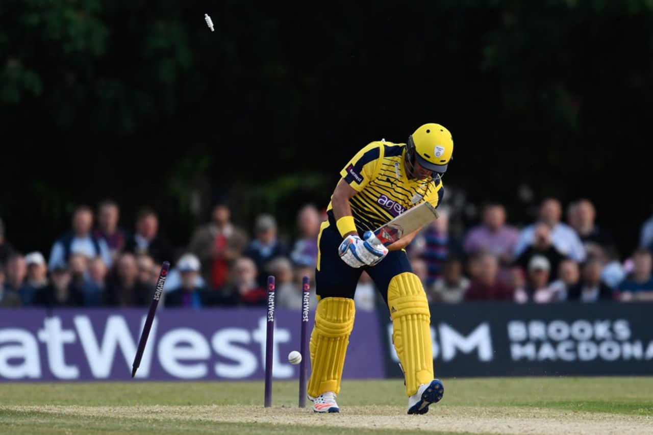Sean Ervine lost his middle stump first ball, Middlesex v Hampshire, NatWest T20 Blast, South Group, Uxbridge, May 27, 2016