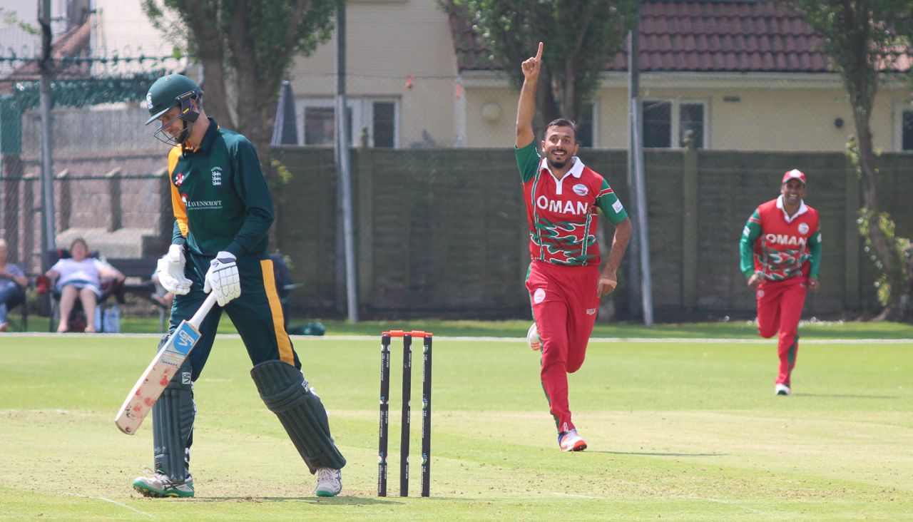 Sufyan Mehmood dismisses Oliver Newey, Guernsey v Oman, ICC World Cricket League Division Five, St Clement, May 27, 2016