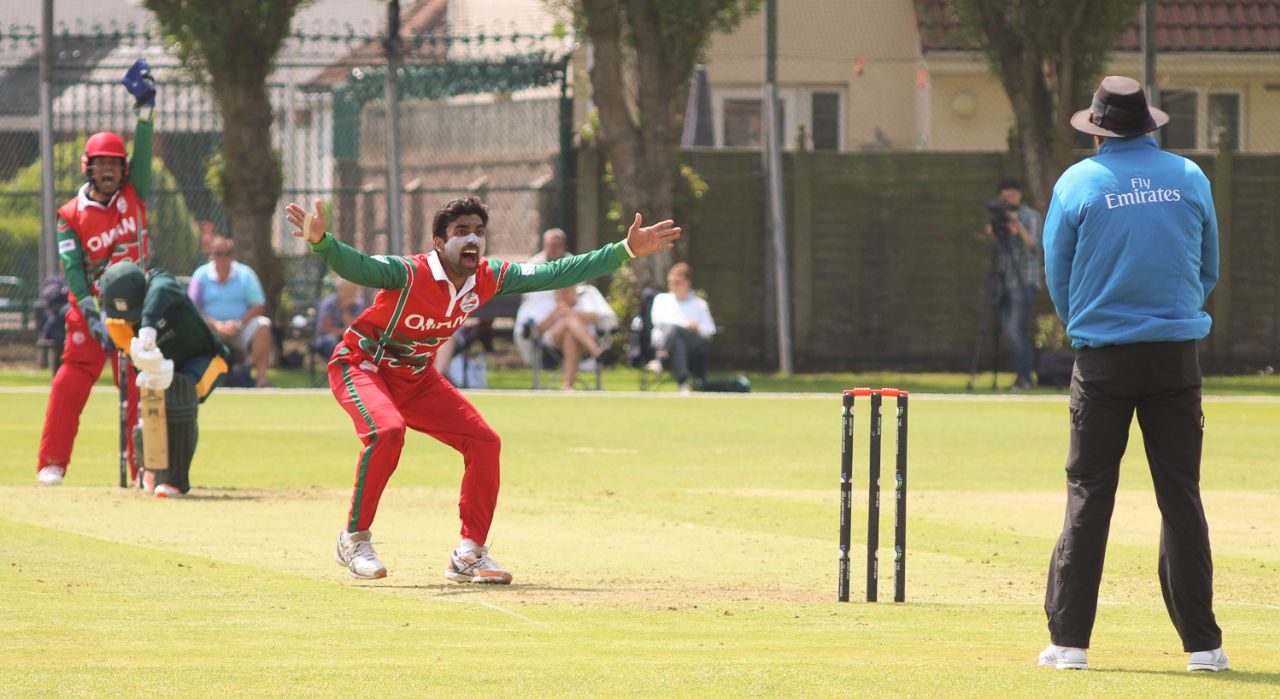 Aamir Kaleem roars an appeal for the wicket of Matthew Stokes, Guernsey v Oman, ICC World Cricket League Division Five, St Clement, May 27, 2016